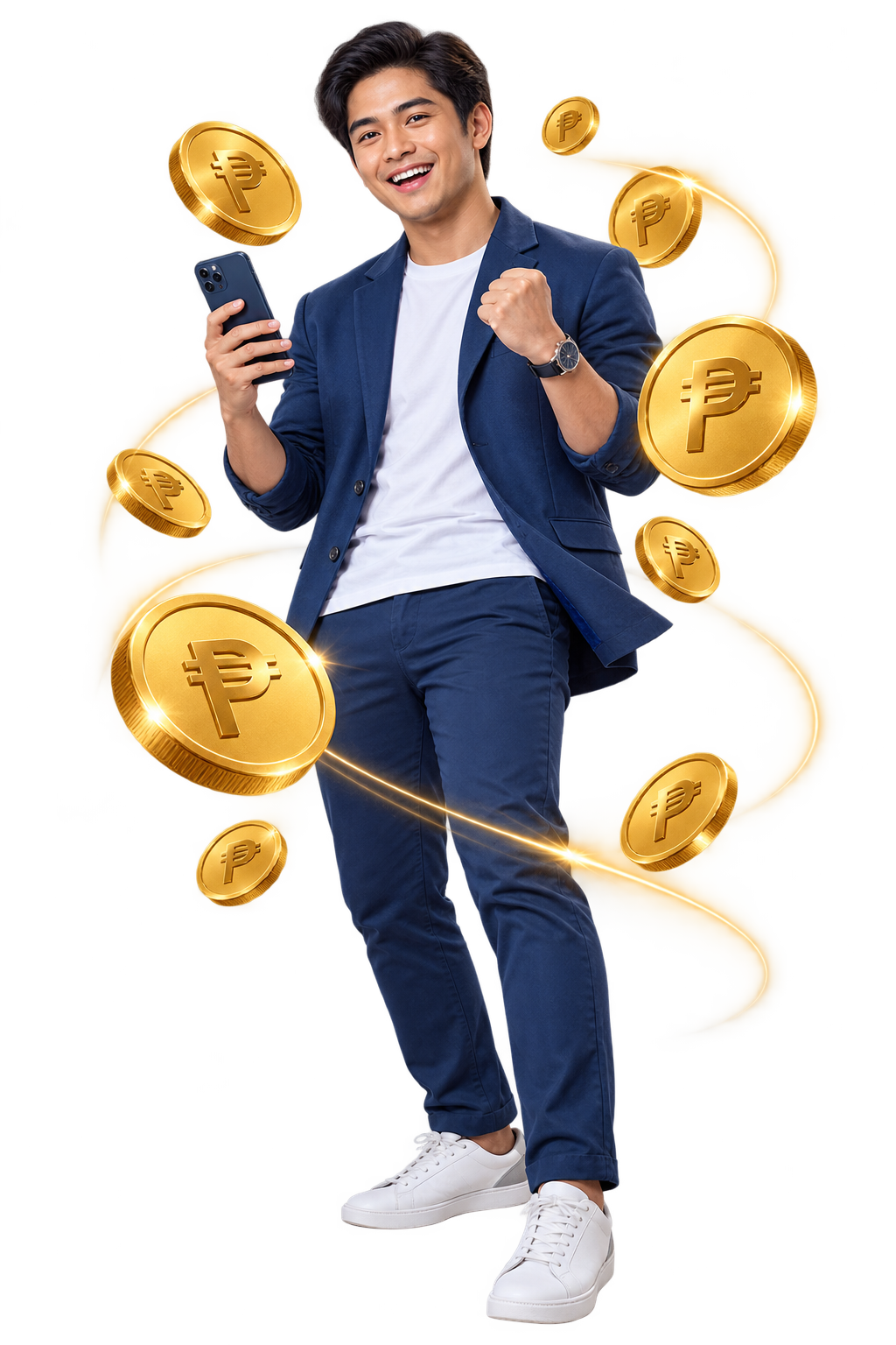 A happy Filipino customer holding a smartphone, surrounded by Philippine peso coins and light trails